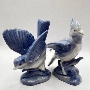 MINT Vintage Artmark Blue Jay Porcelain Ceramic Bird Figurines Set of 2 5"